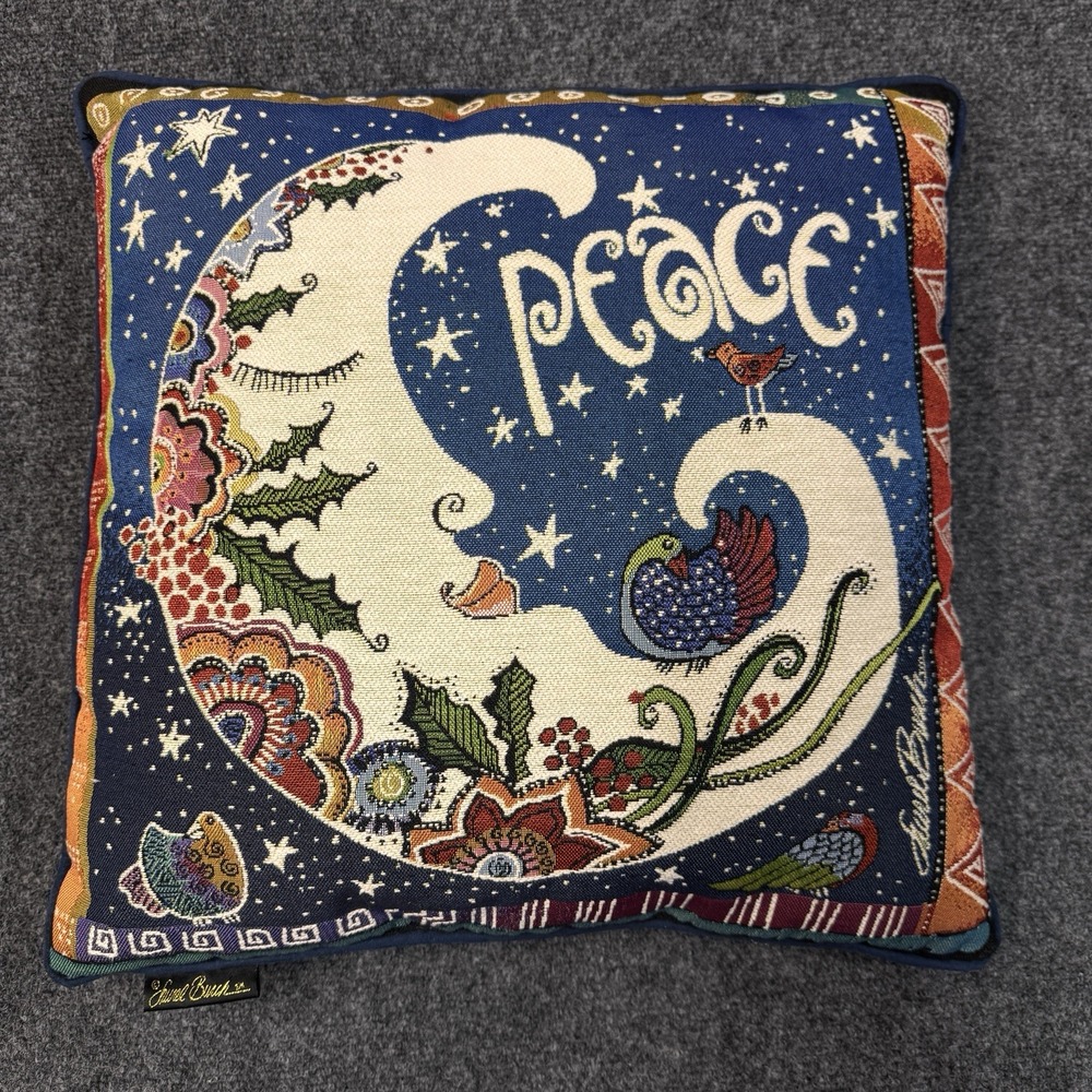 Laurel Burch Peace Moon Tapestry Pillow Blue Celestial Whimsical Boho Folk Art